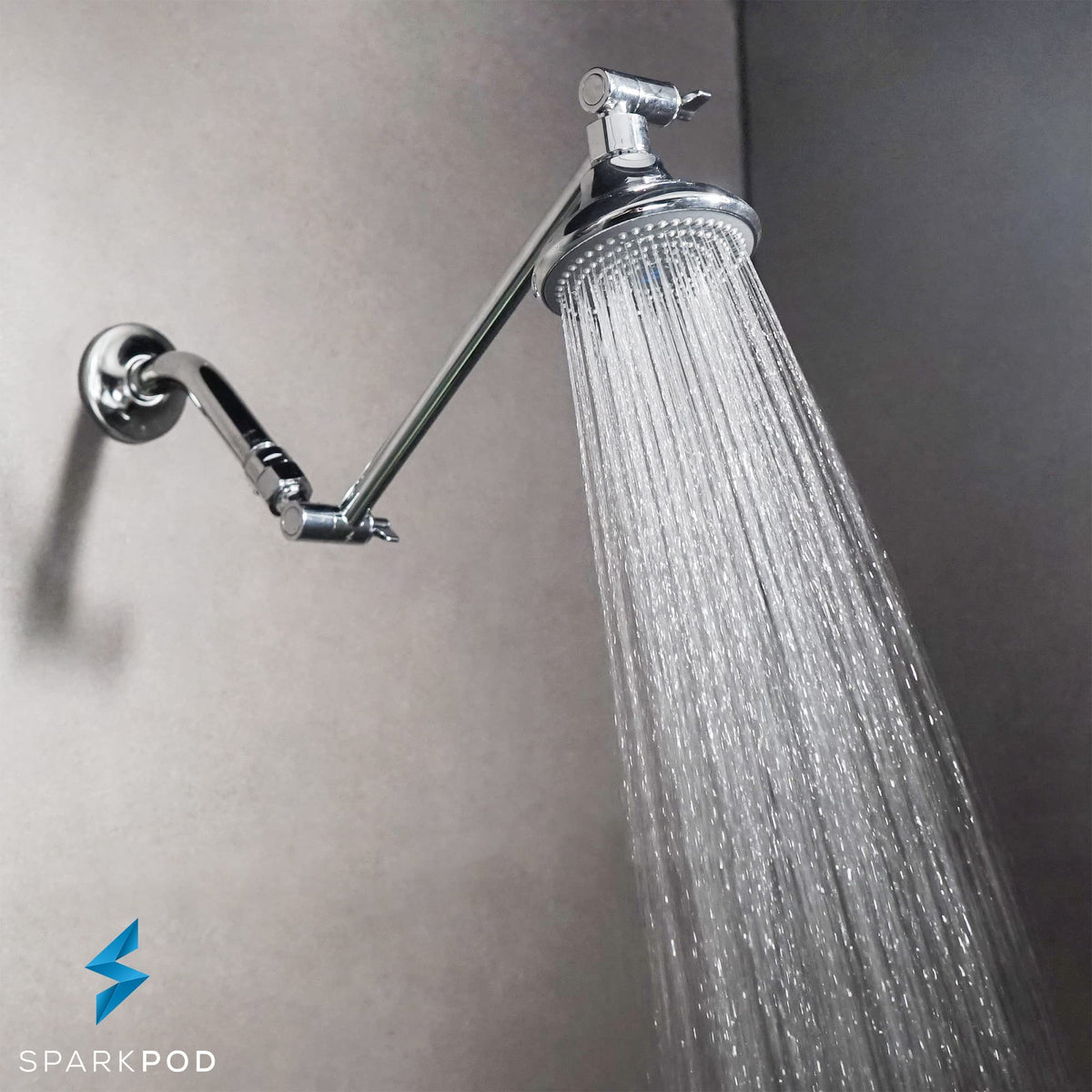 SparkPod brass extension arm modern chrome finish complements bathrooms.