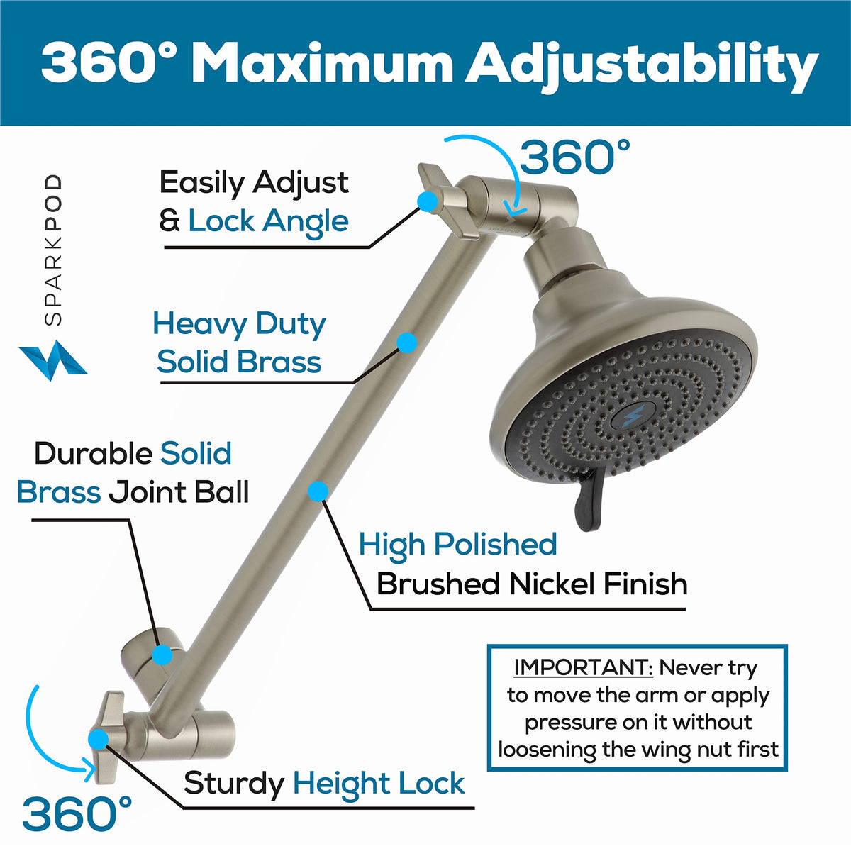 SparkPod brushed nickel finish resists rust for lasting shine.