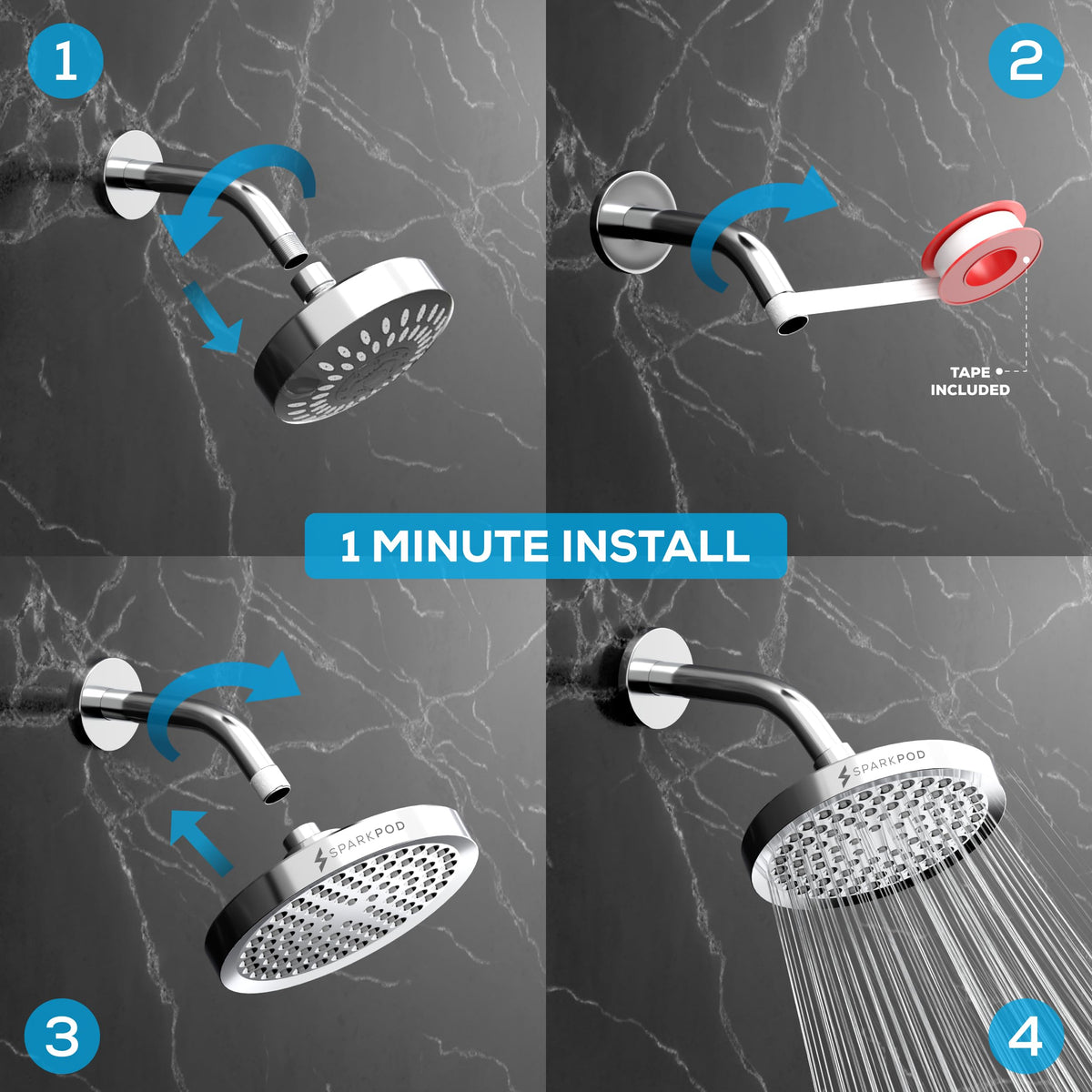 SparkPod easy no-tool install shower head fits standard arms in minutes.