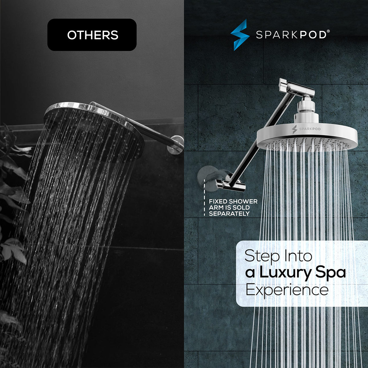 SparkPod extension arm with rotating elbow broadens shower reach for better coverage.