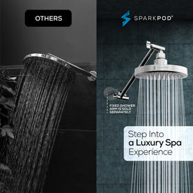 SparkPod extension arm with rotating elbow broadens shower reach for better coverage.