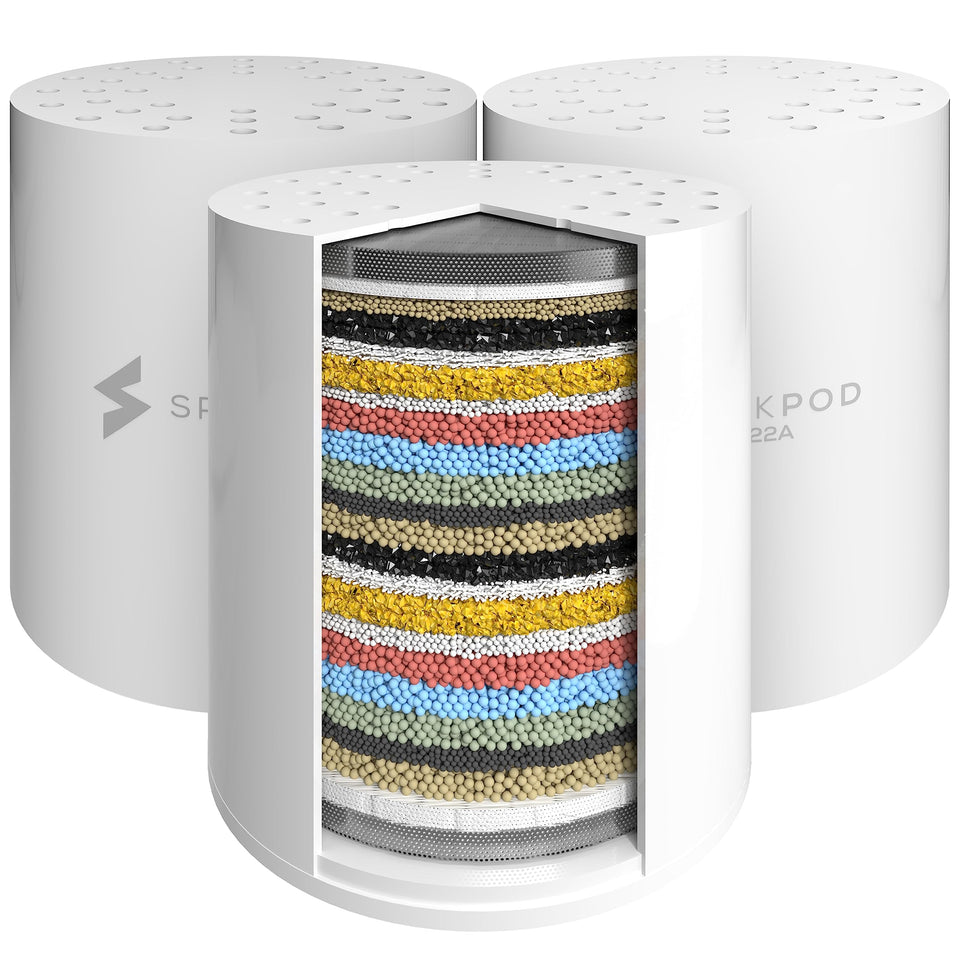SparkPod high output shower filter cartridge improves water quality for healthier hair.
