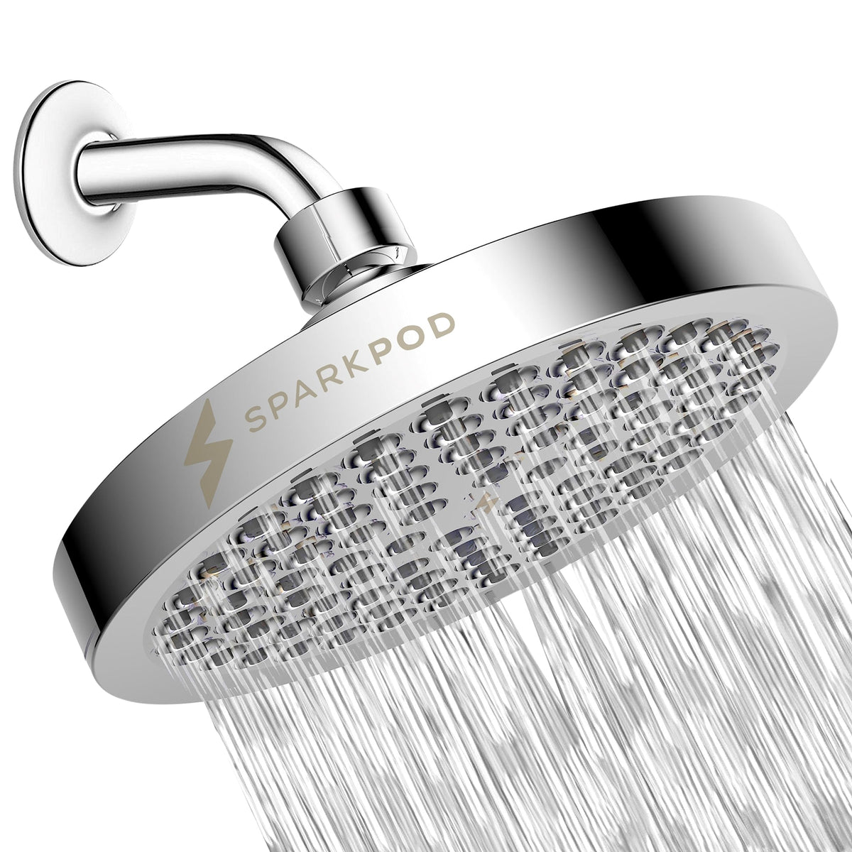 SparkPod high-pressure rain shower head in chrome delivers a full-body rinse.