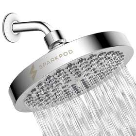 SparkPod high-pressure rain shower head in chrome delivers a full-body rinse.