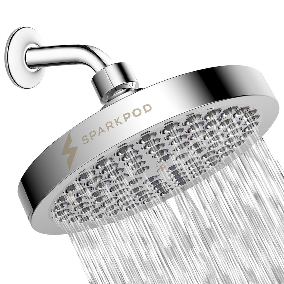 SparkPod high-pressure rain shower head in chrome delivers a full-body rinse.
