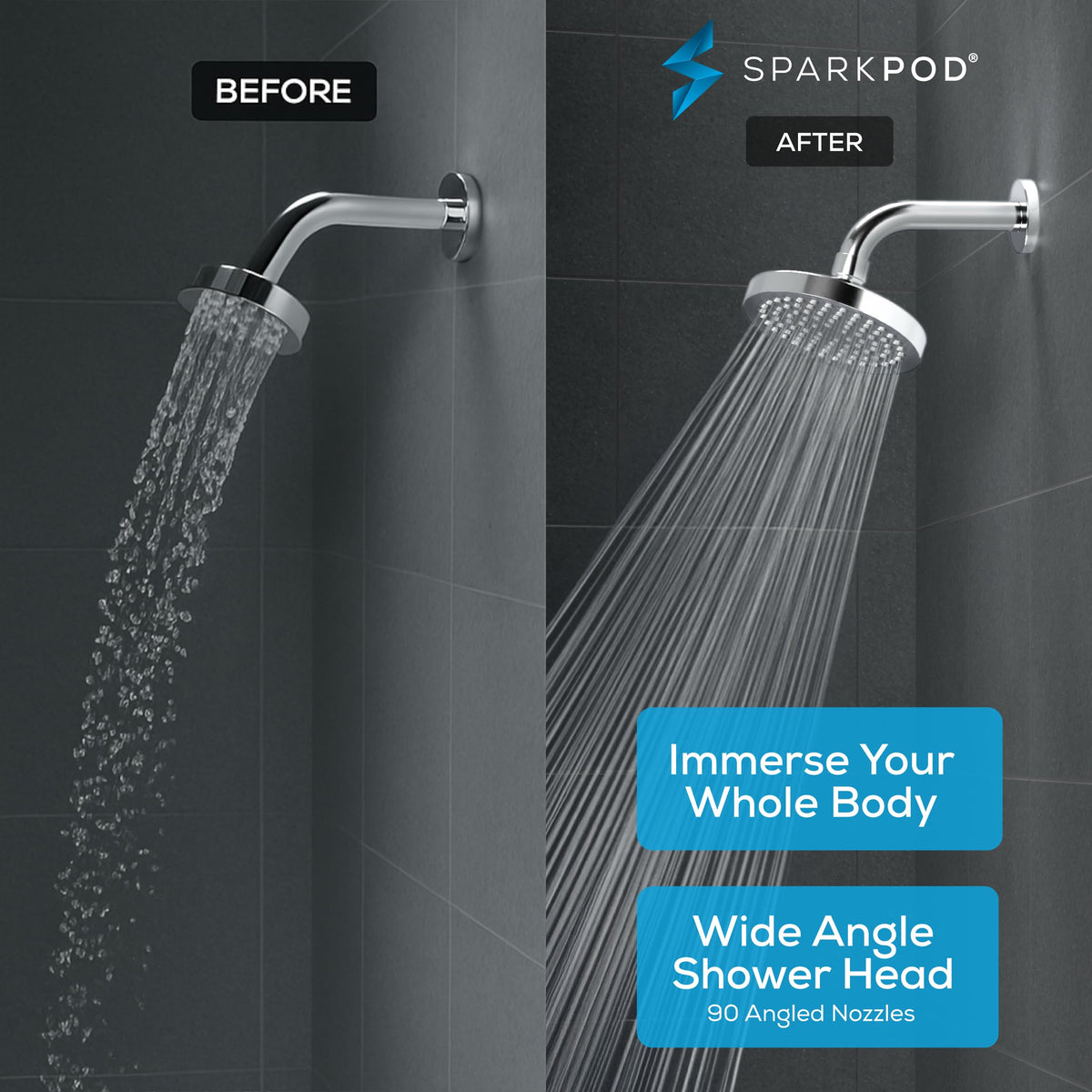 SparkPod luxury chrome finish shower head adds spa-like style and broad coverage.