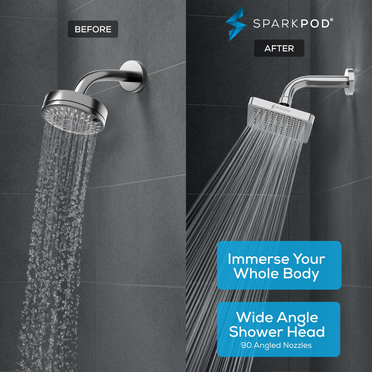 SparkPod shower head 6inch square chrome for broad, even coverage