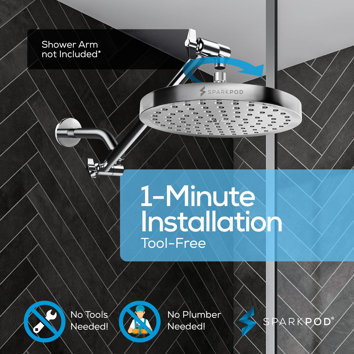 SparkPod adjustable replacement fits standard shower arms for quick setup.