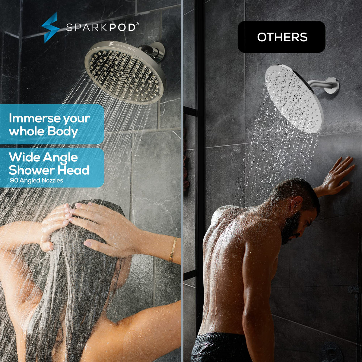 SparkPod brushed nickel 8-inch round shower head, easy installation.