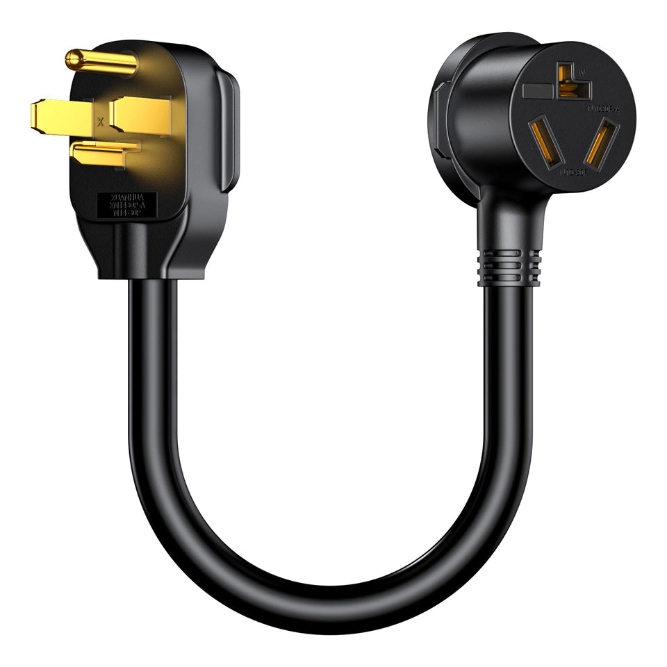 SpavzeMe dryer adapter with 18-inch cable, shows 14-30P to 10-30R conversion for a clean power fit