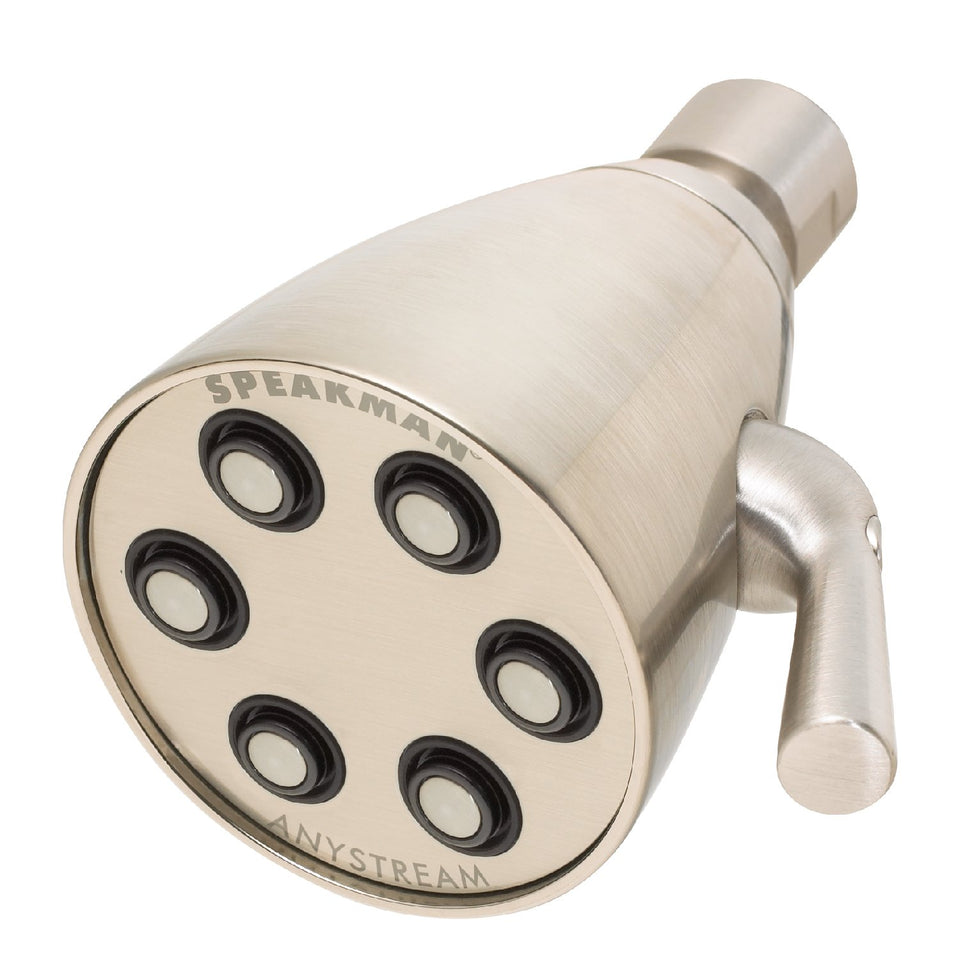 Speakman Icon 6-Jet showerhead front view in brushed nickel with modern design and powerful spray options.