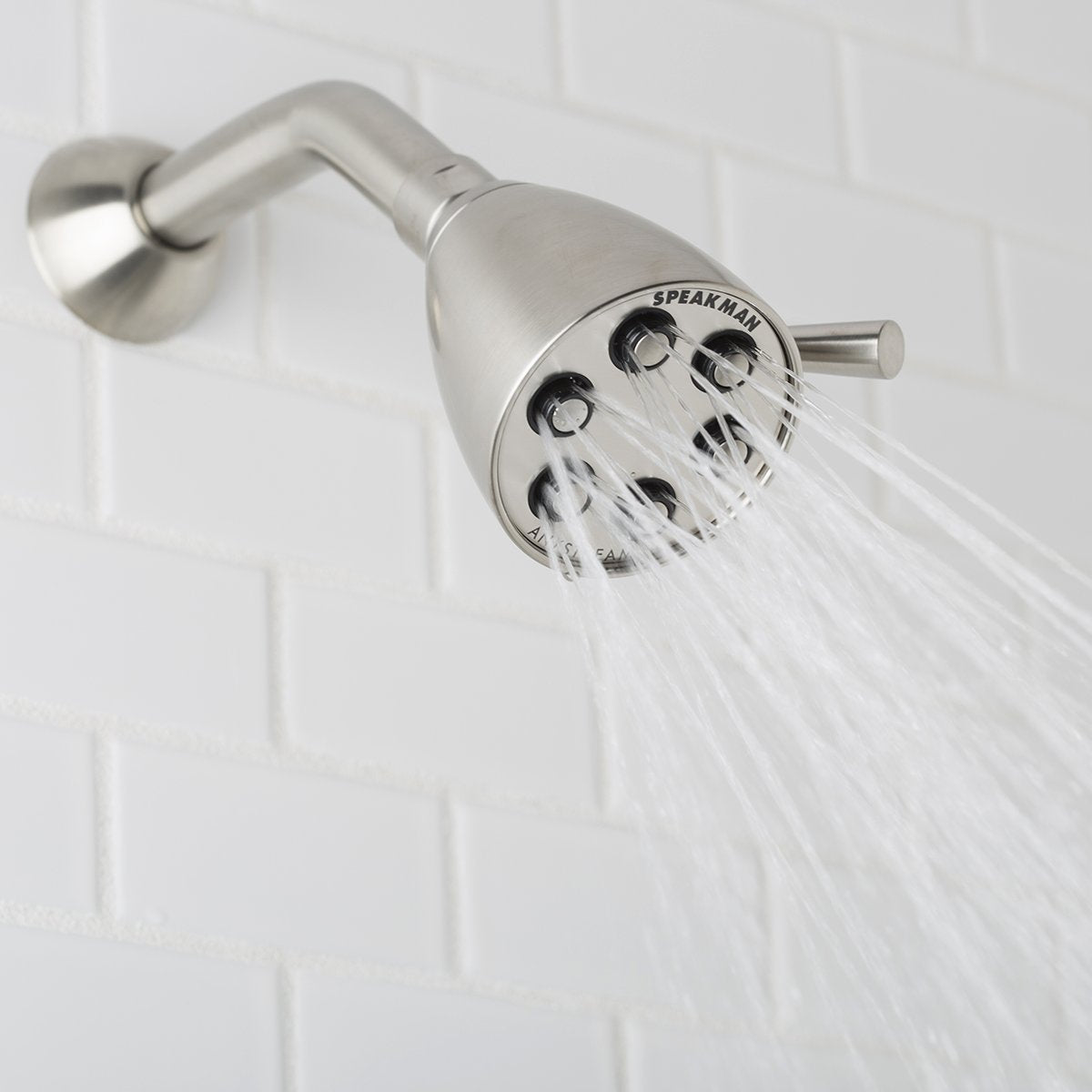 Close-up of Speakman Icon 6-Jet showerhead nozzles and self-cleaning plungers.