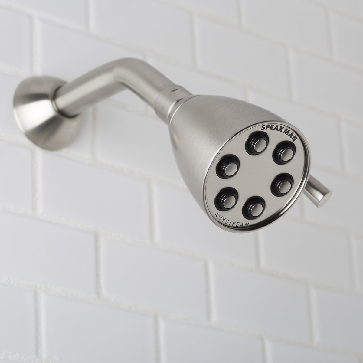 Speakman Icon 6-Jet showerhead side view showing the handle and brushed nickel finish.