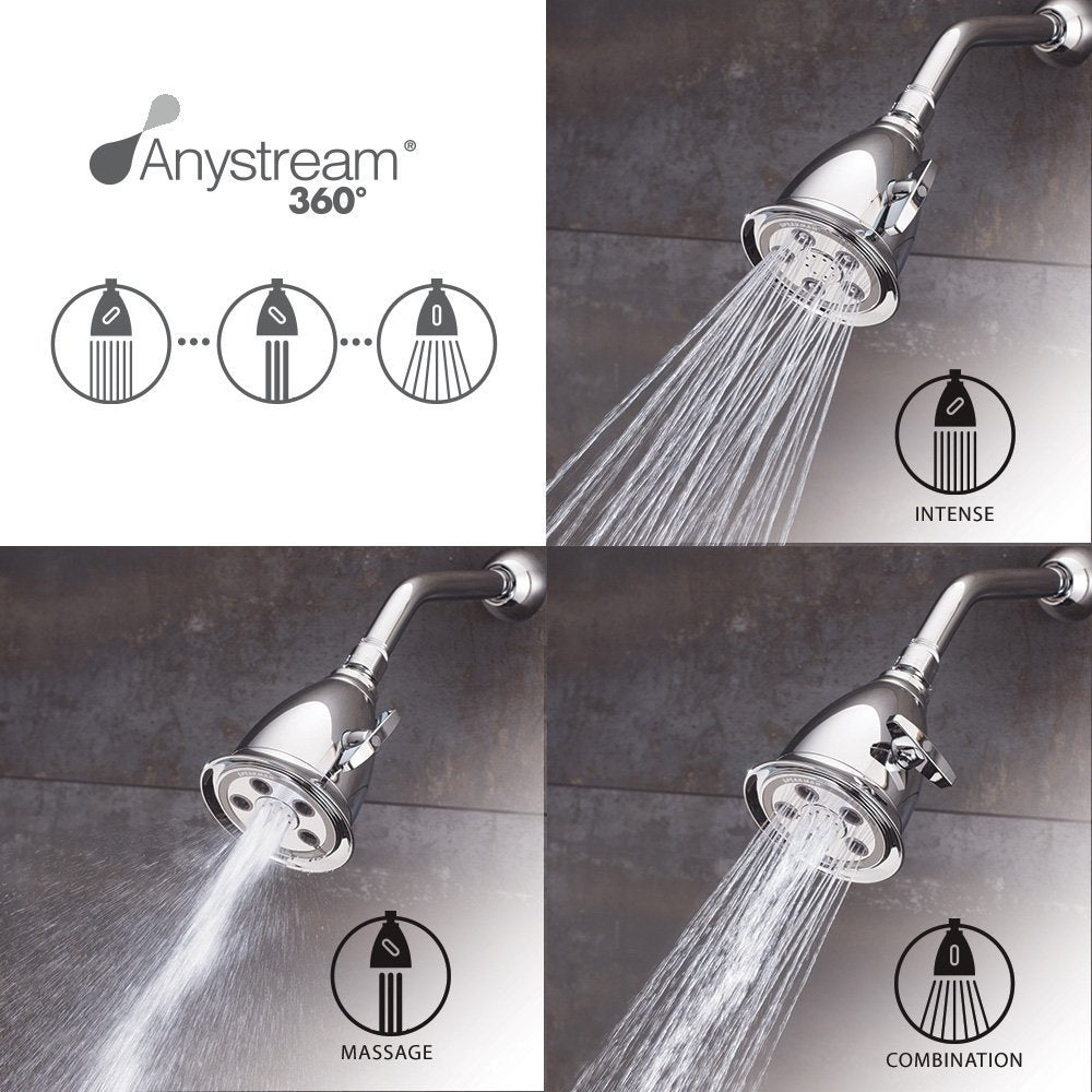 Speakman S-2005-HB-BC hotel Anystream showerhead showing 8 center massage jets for targeted relief.