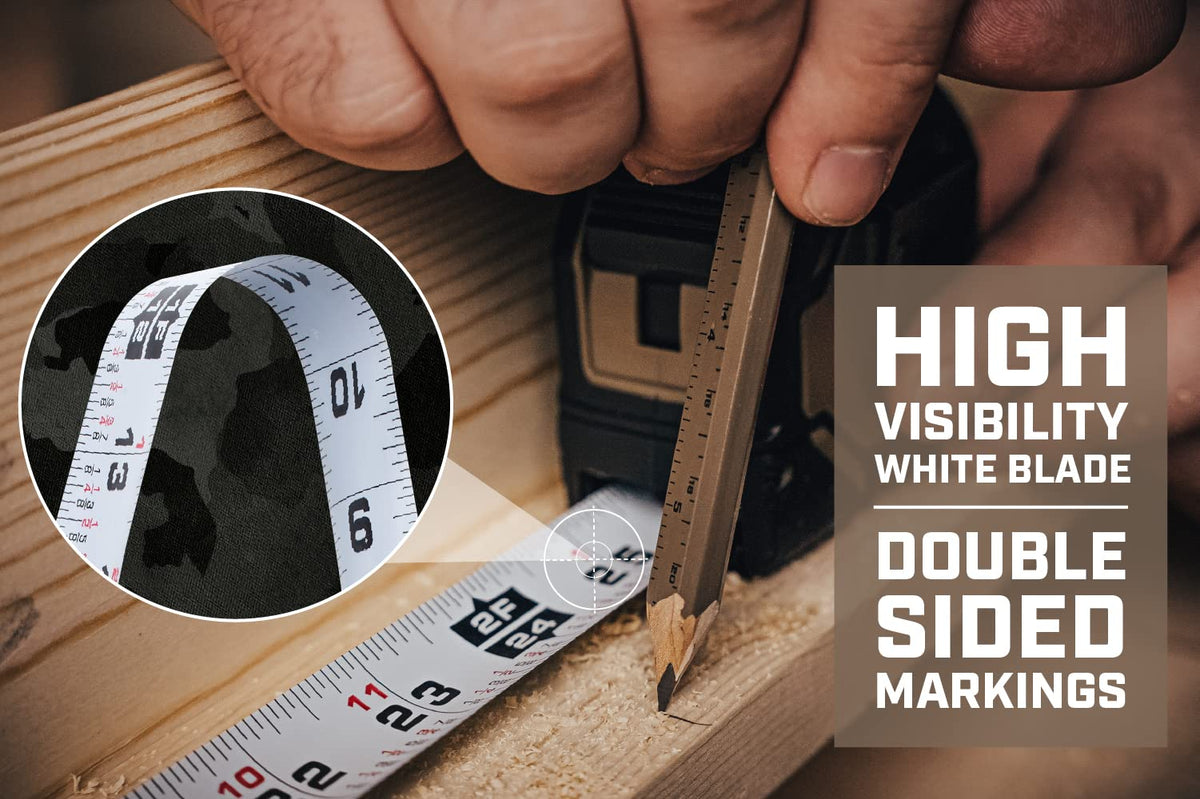 Tape measure blade extended with 10 ft stand out for long measurements