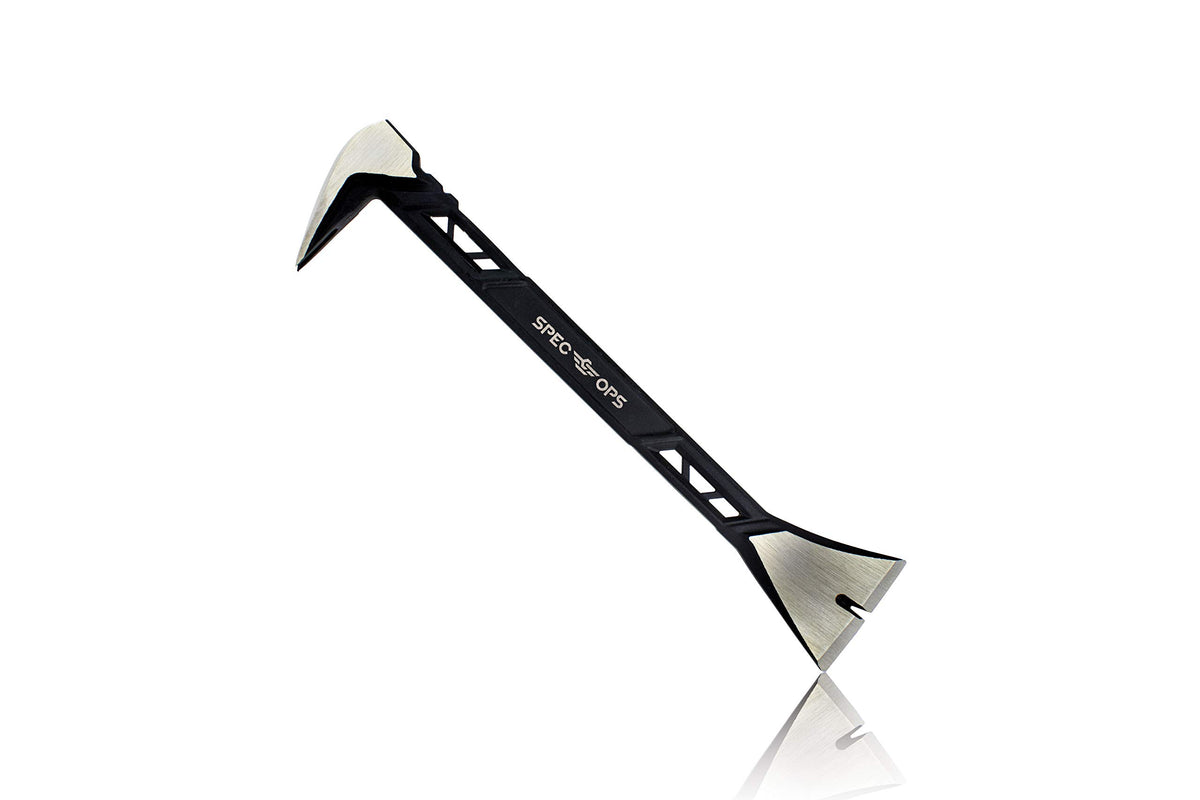 Spec Ops 11-inch molding pry bar blade demonstrates precise, damage-free removal in tight spaces.
