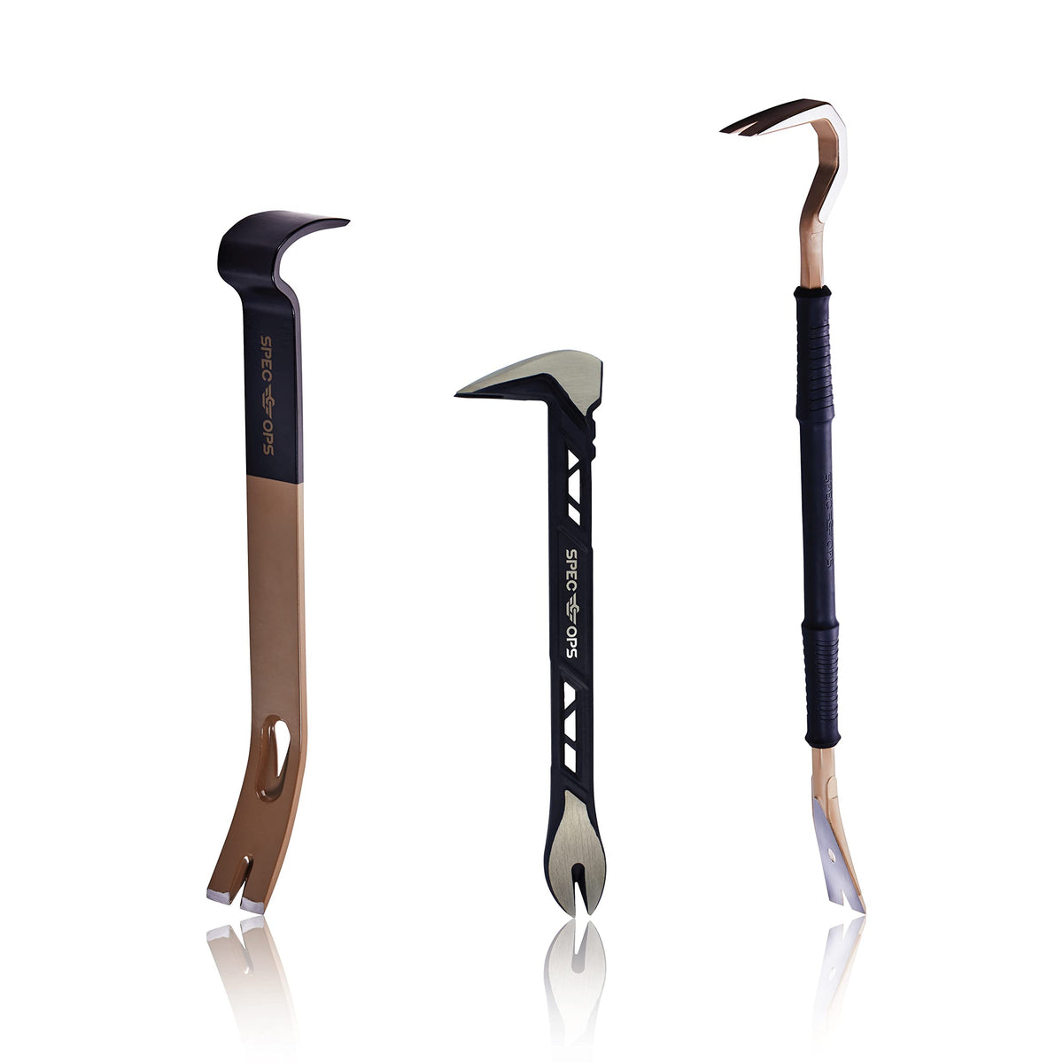 Spec Ops 3-piece pry bar set 10-inch nail puller extracting embedded nails smoothly.