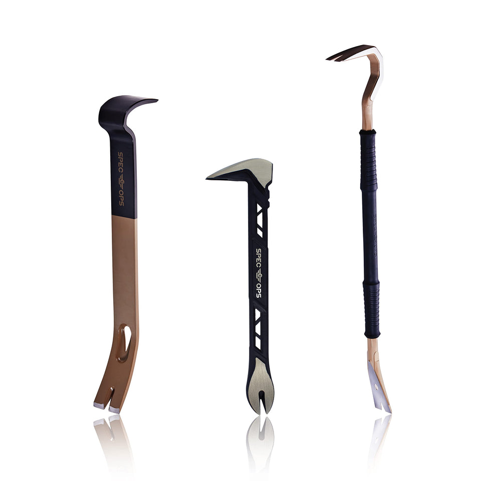 Spec Ops 3-piece pry bar set 10-inch nail puller extracting embedded nails smoothly.