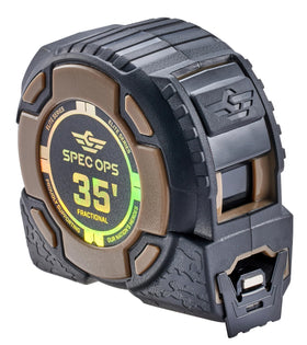 Spec Ops Elite tape measure with magnetic hook for quick, secure measurements on metal surfaces.