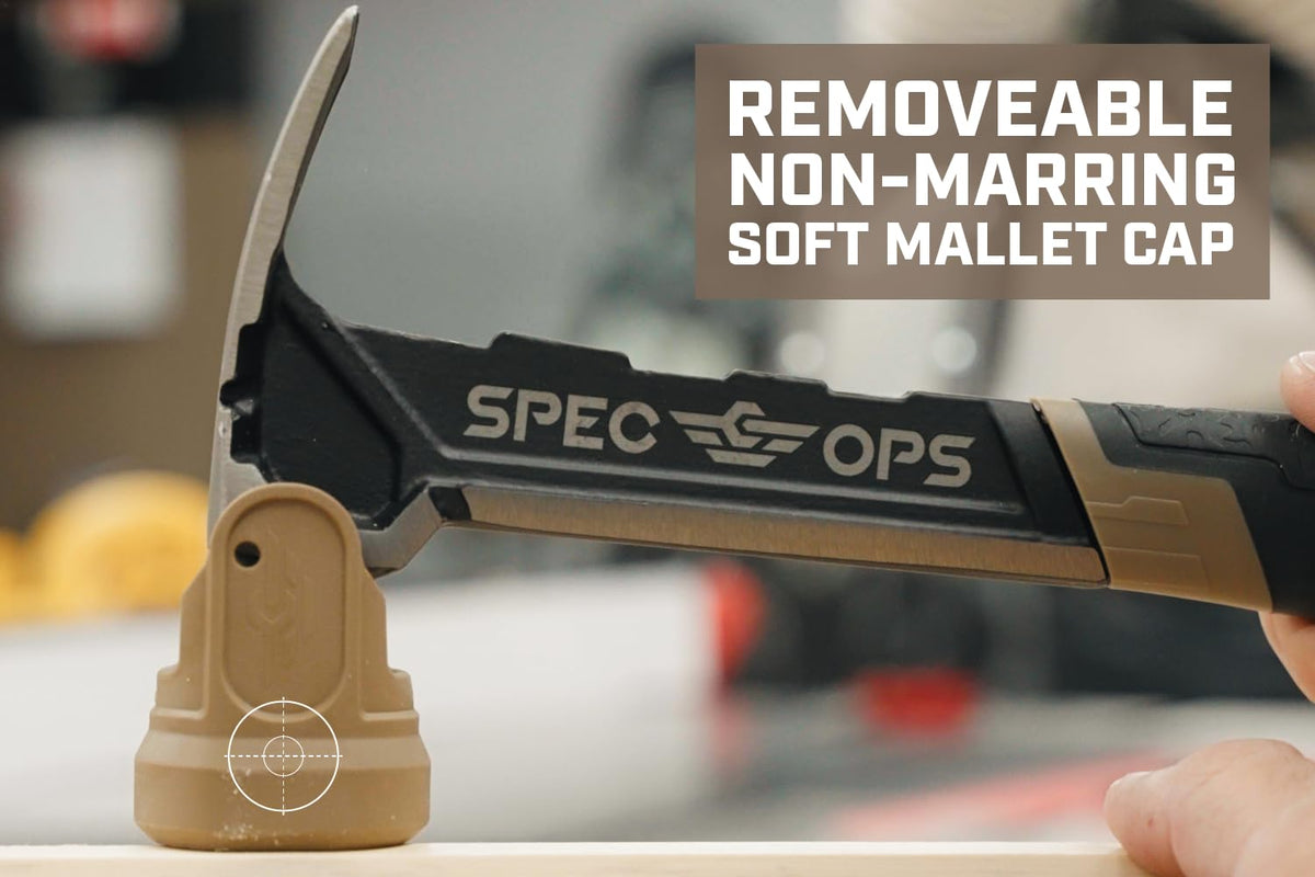 Spec Ops framing hammer with MOA grip absorbs shock for comfortable use.