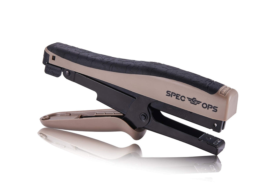 Spec Ops heavy-duty 45-sheet stapler front view showing comfortable grip for high-volume tasks.