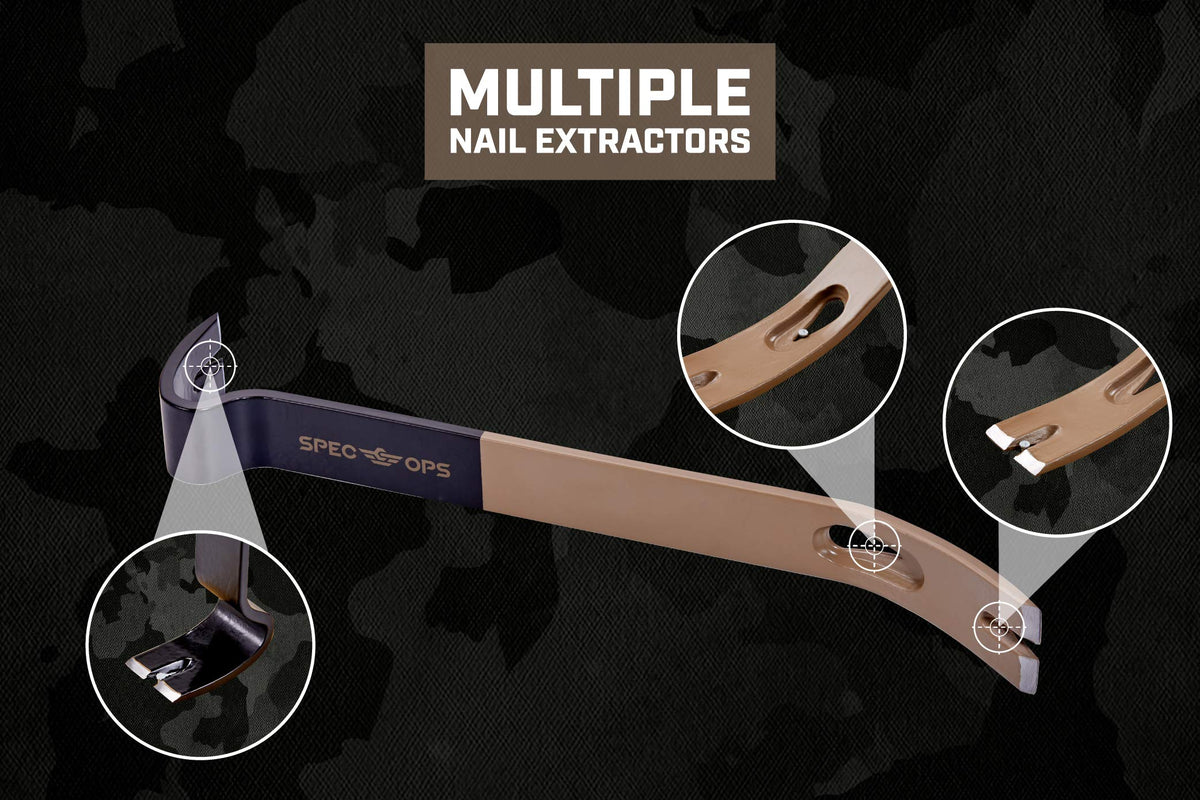 Spec Ops bar features multiple nail pullers for versatility on site.