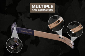Spec Ops bar features multiple nail pullers for versatility on site.