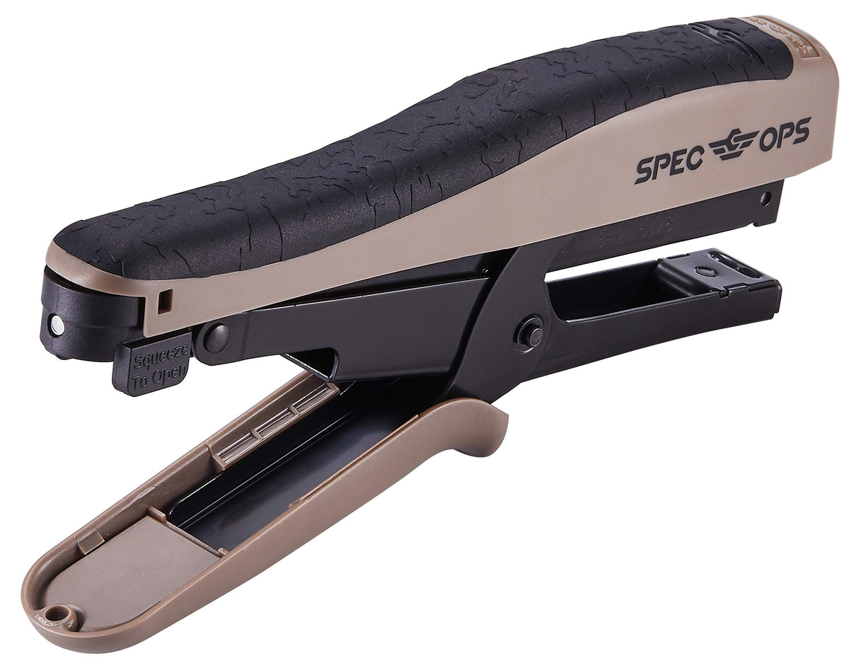 Spec Ops stapler side profile highlights ergonomic grip and reduced effort design for easier stapling.