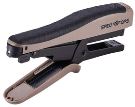 Spec Ops stapler side profile highlights ergonomic grip and reduced effort design for easier stapling.