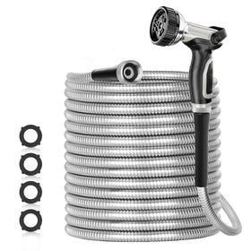 SPECILITE 25ft stainless steel garden hose neatly coiled for compact storage.
