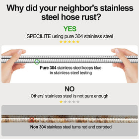 SPECILITE 304 stainless steel hose shows rugged durability for outdoor use.