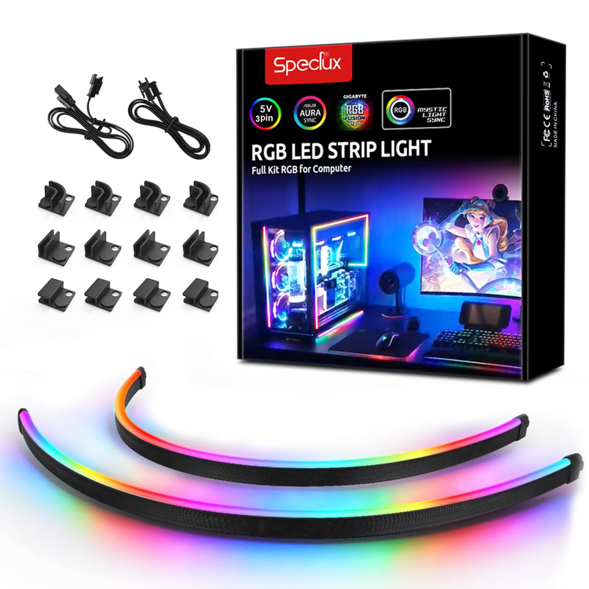 Speclux Neon ARGB strip front view showing vibrant RGB for gaming rigs