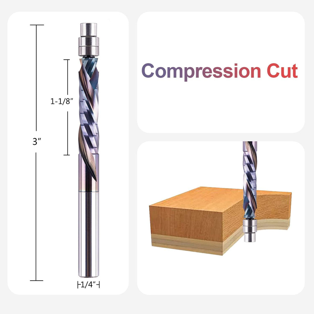 SpeTool compression flush trim router bit with a one-quarter inch shank for versatile router compatibility