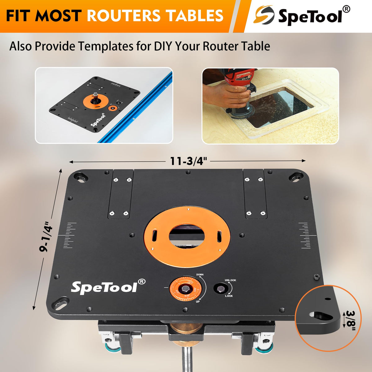 SpeTool insert plate size fits most router tables for easy DIY setup.