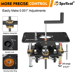 SpeTool Router Lift precision height control delivers 0.001 inch steps for consistency.