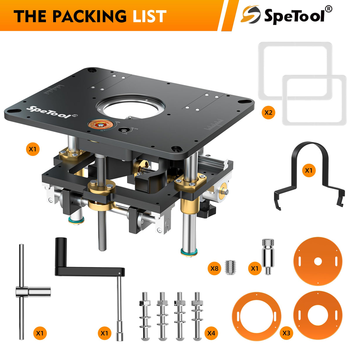 SpeTool router lift includes templates to customize your router table.