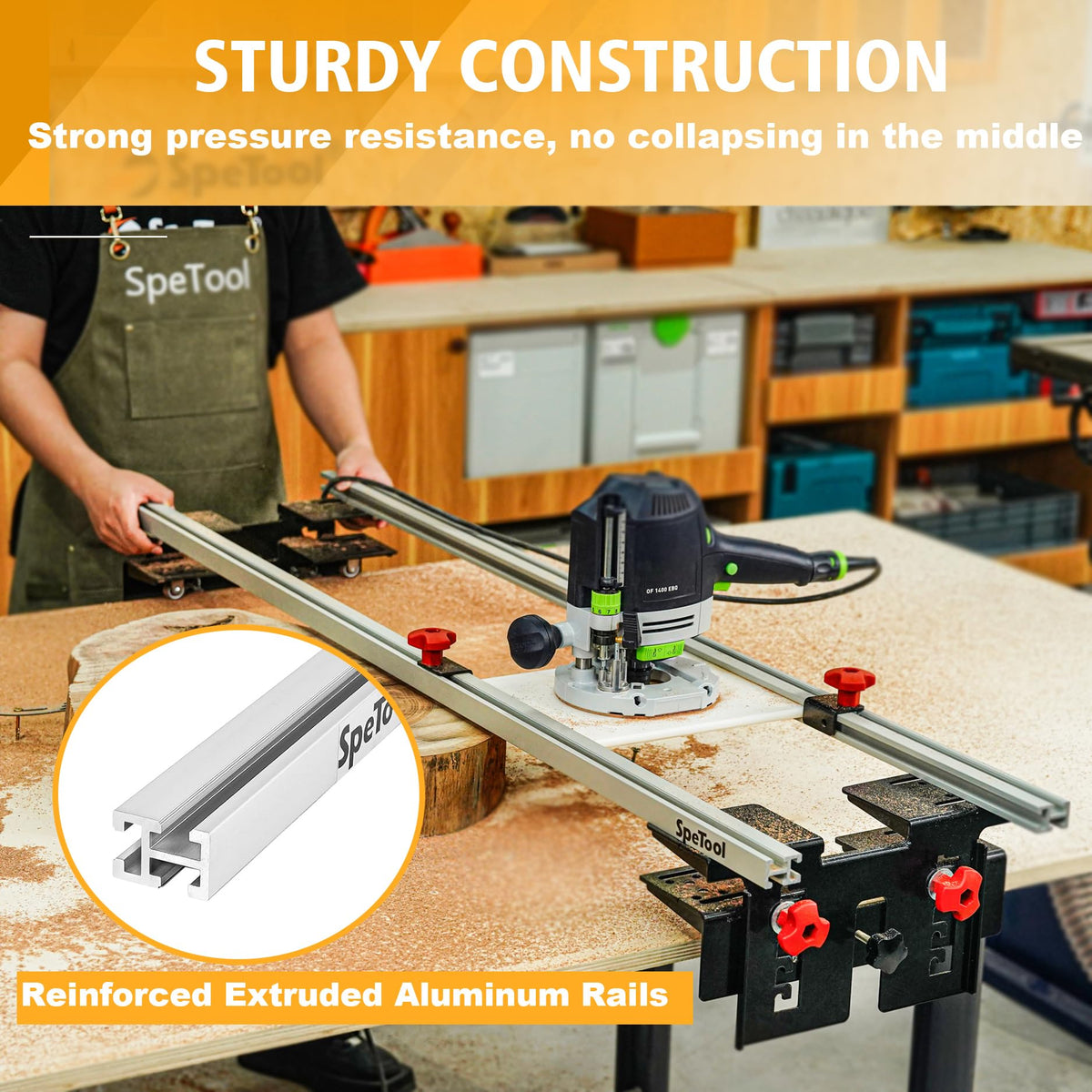 SpeTool router sled precision height showcases 3-axis control for consistent depths.
