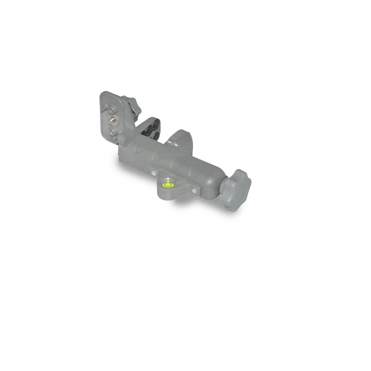 Spectra Precision C70 rod clamp with bubble vial close-up showing secure mounting.