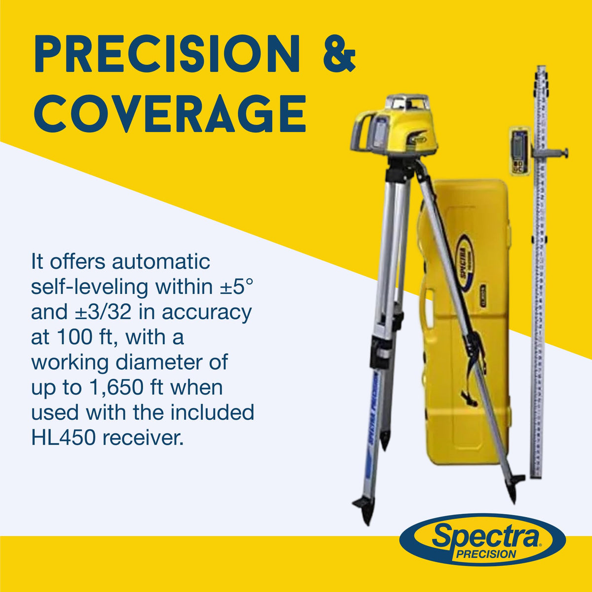 Aluminum tripod provides stable setup on uneven terrain.