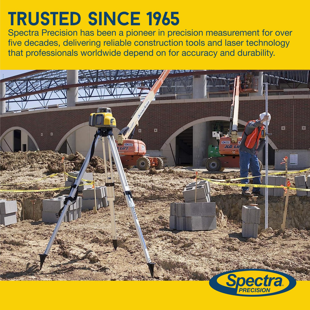 Q104025 aluminum tripod provides stable support across uneven job sites.