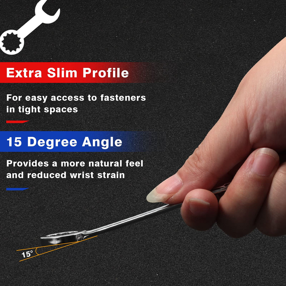 SpeedWox box-end wrench detailed at 15° angle for tight spaces.