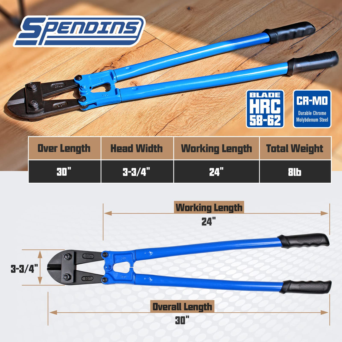 SPENDINS bolt cutter blades closeup highlights 62 HRC hardness for tough cuts