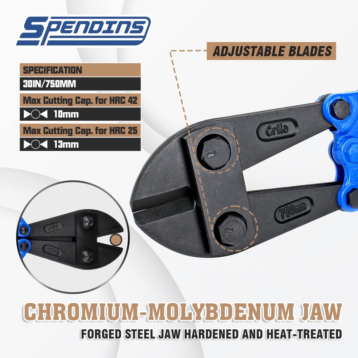 SPENDINS bolt cutter cut capacity graphic shows 1/2 inch for 25 HRC