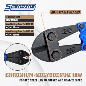 SPENDINS bolt cutter cut capacity graphic shows 1/2 inch for 25 HRC