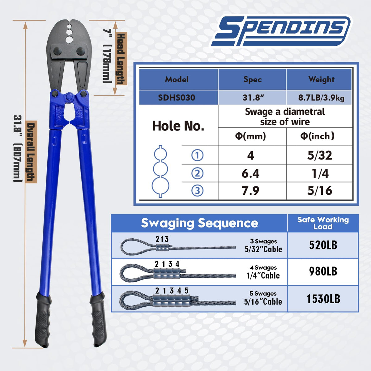 SPENDINS chrome-vanadium head close-up showing rugged construction for precise sleeve crimping.