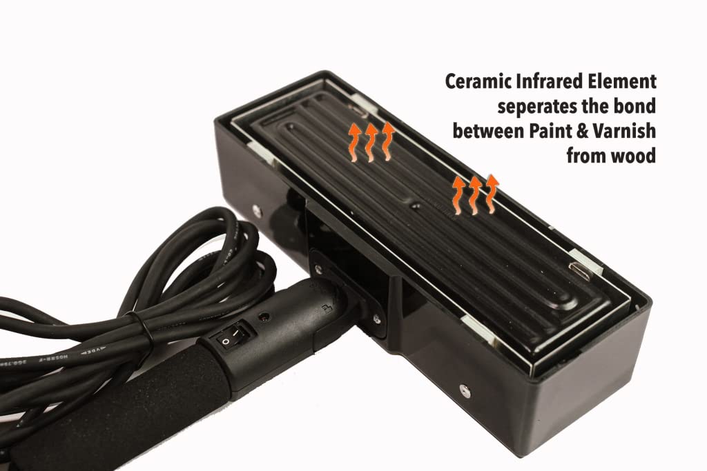 Spengar IR Paint Stripper: black unit applied to cabinet surface for smooth prep.