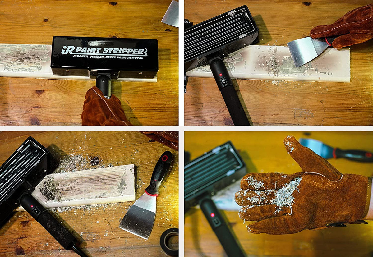 Spengar IR Paint Stripper: in action reveals edges ready for refinishing.