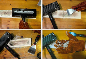 Spengar IR Paint Stripper: in action reveals edges ready for refinishing.