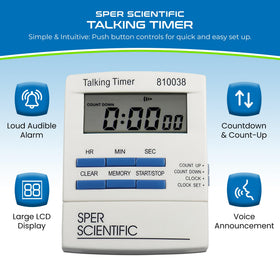 Sper Scientific timer side view shows compact bench-top size for easy placement