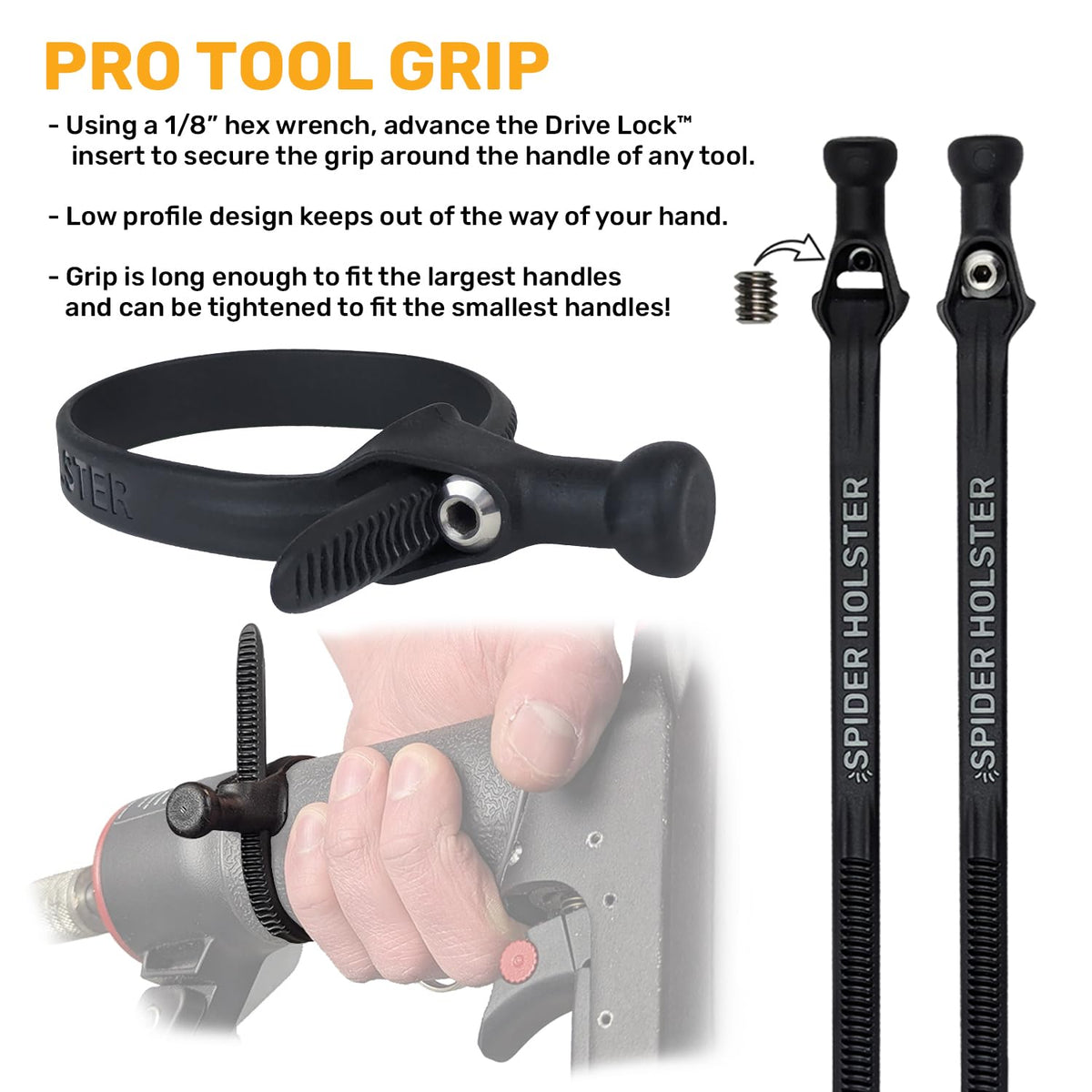 Spider Pro Tool Grips attached to a handle demonstrating universal compatibility.